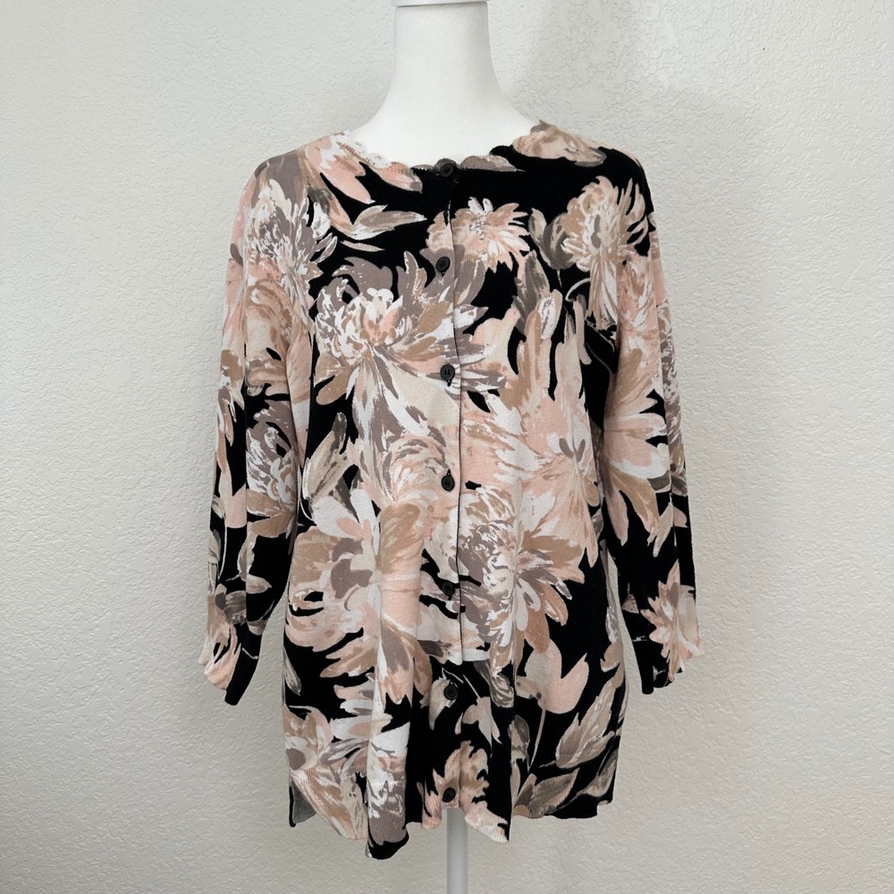 Isaac Mizrahi Live Button Up Cardigan Sweater Black Pink Floral Scalloped Neck